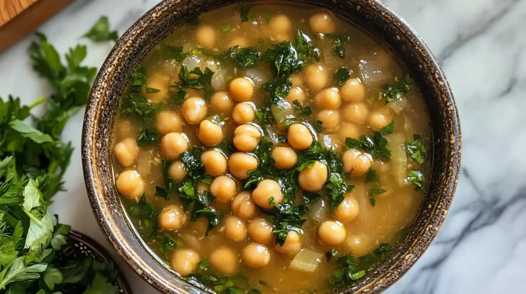 Hearty garbanzo soup served with fresh herbs.