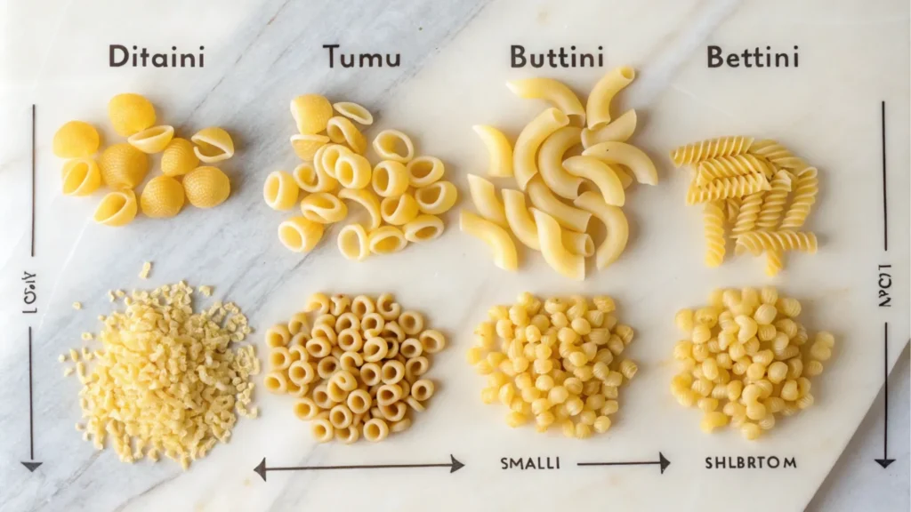 What is the closest pasta to ditalini? A variety of small pasta shapes displayed.