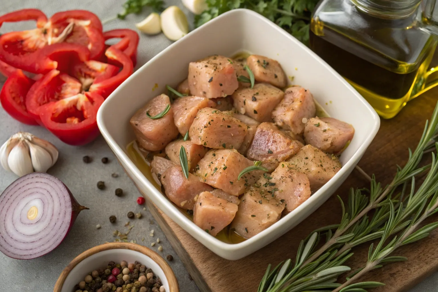 Marinated cubed chicken pieces showing how long to marinate cubed chicken?