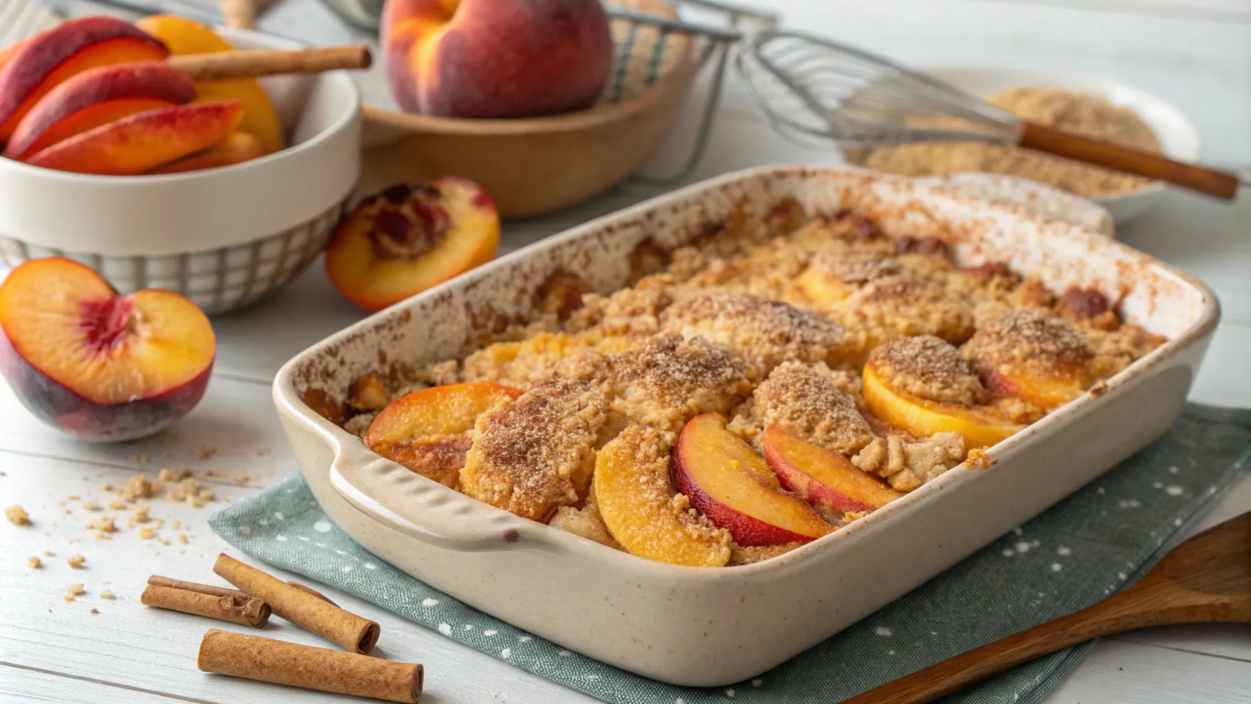 Peach crumble with a golden brown topping served in a baking dish