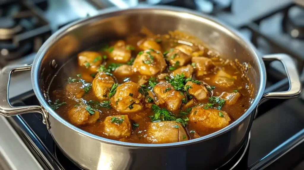 Thickened fish gravy being poured over a fish fillet