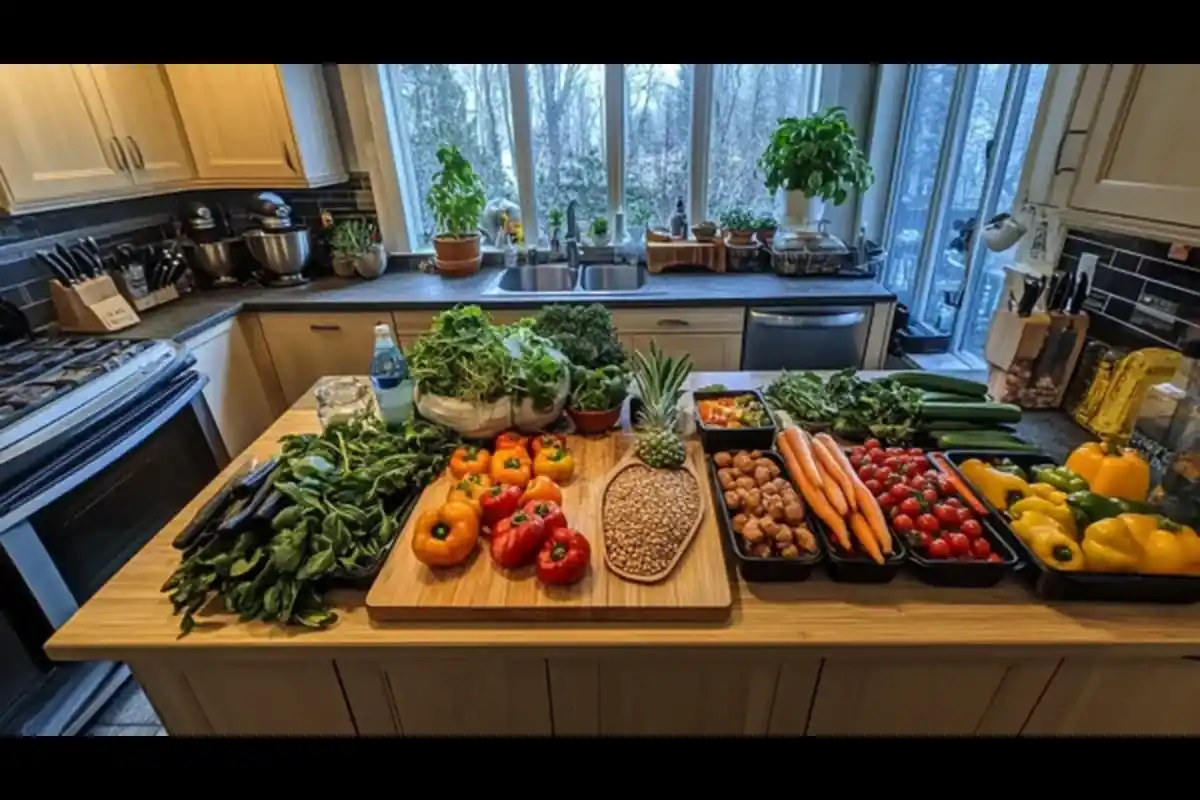 How to go raw vegan for beginners? Fresh raw fruits and vegetables on a kitchen counter