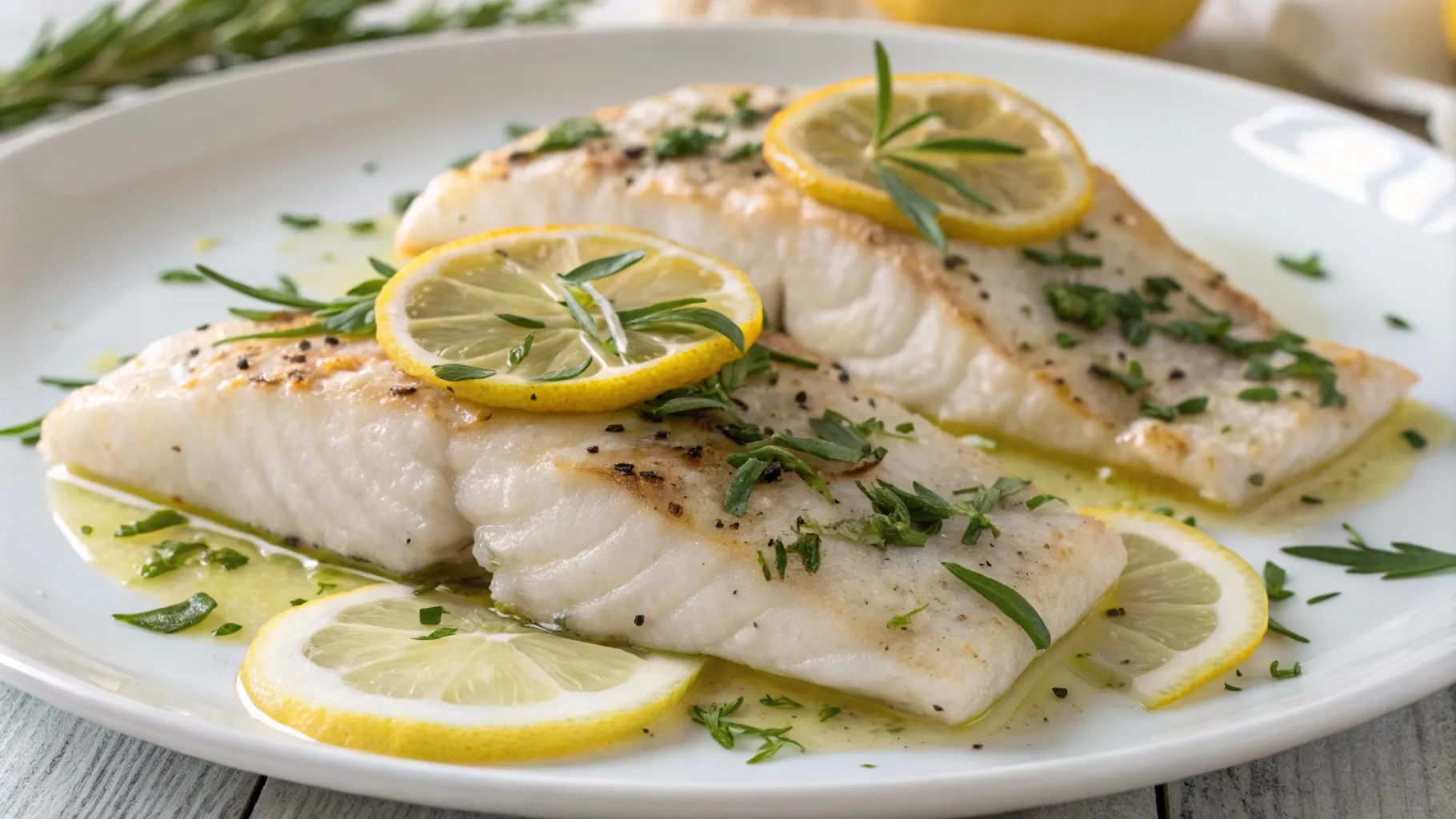 Rockfish fillets cooked with lemon and herbs