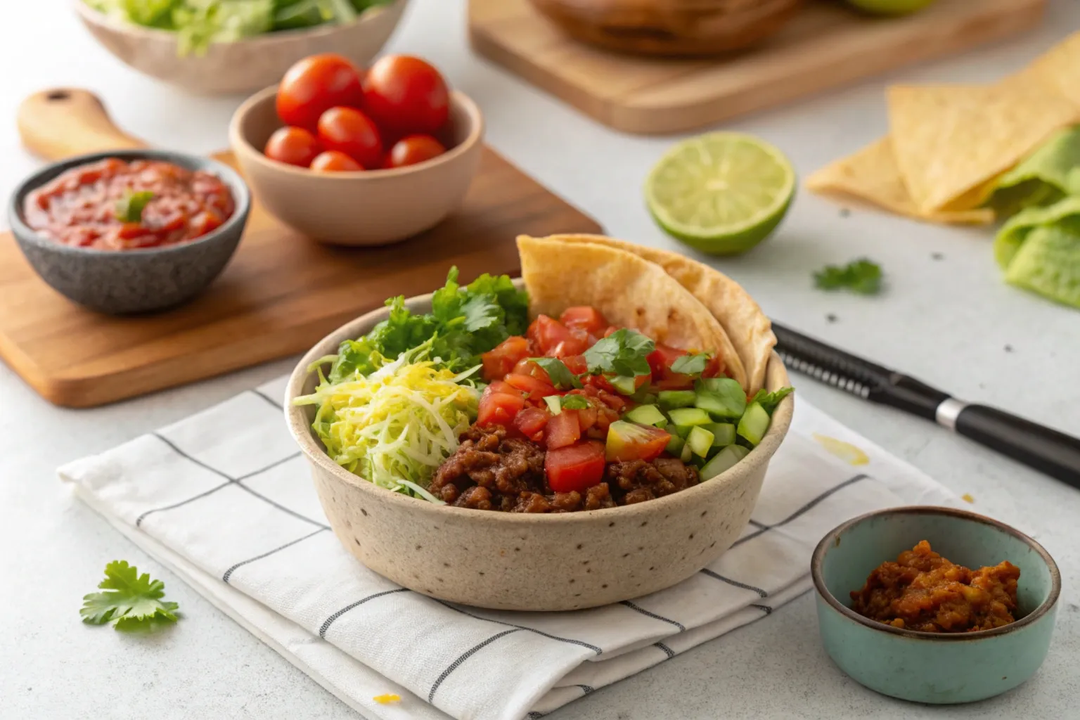 Taco bowl recipe with colorful toppings