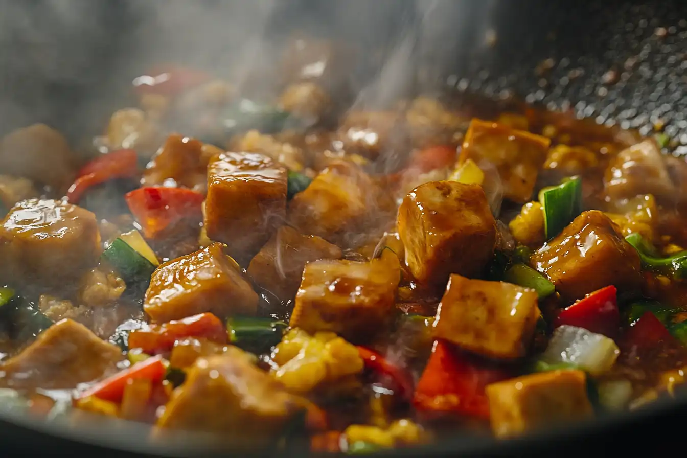 Cooking tauhu with vegetables.