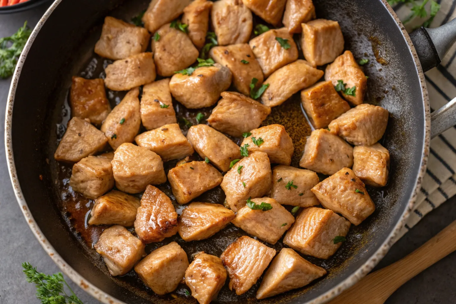 Juicy diced chicken pieces showing how to cook diced chicken without drying it out?”