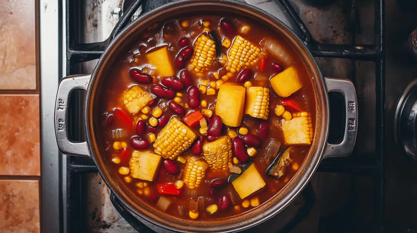 Three Sisters soup made of corn, beans, and squash in a bowl.