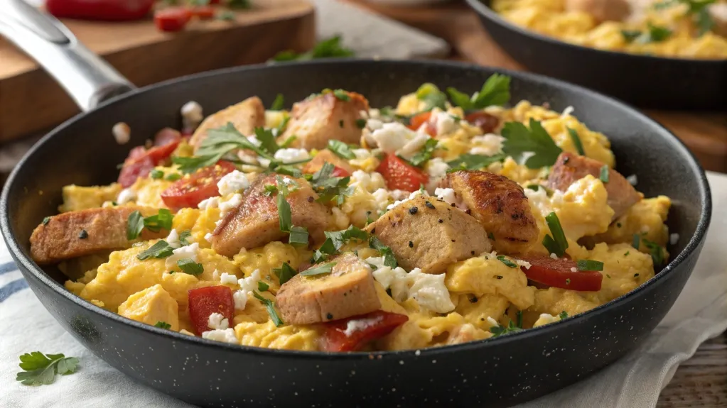 Eggs and chicken combined in a flavorful breakfast dish