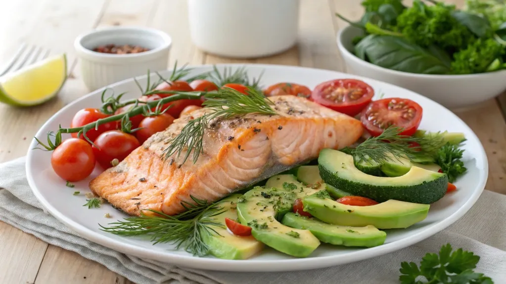 A delicious salmon breakfast recipe featuring fresh herbs and vegetables.