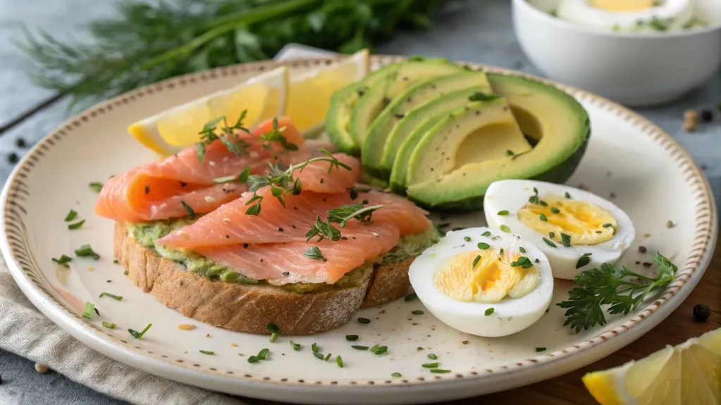 Smoked salmon on a breakfast plate with avocado and eggs