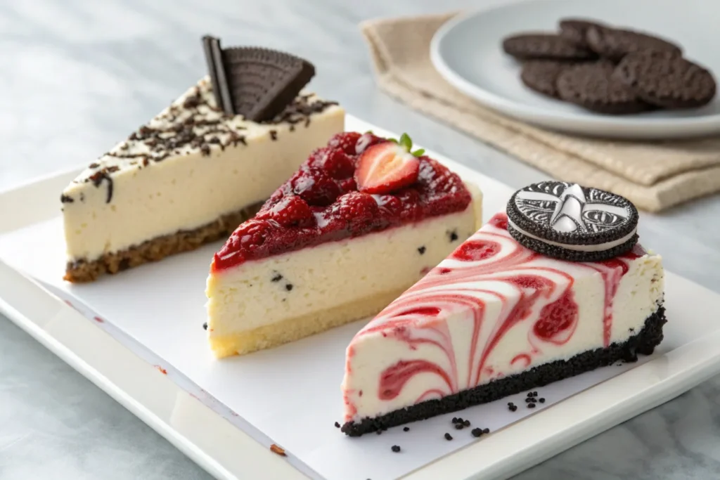 What are the three types of cheesecake? Three slices of cheesecake side by side.