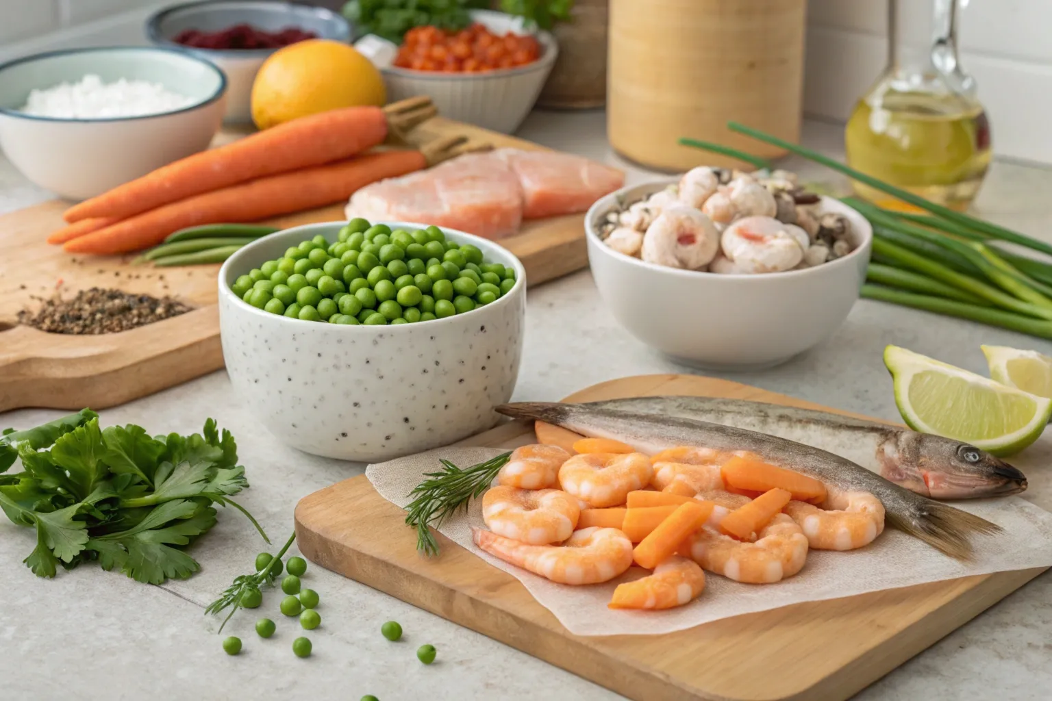 What can you use as fish food? Fresh ingredients on a kitchen counter.