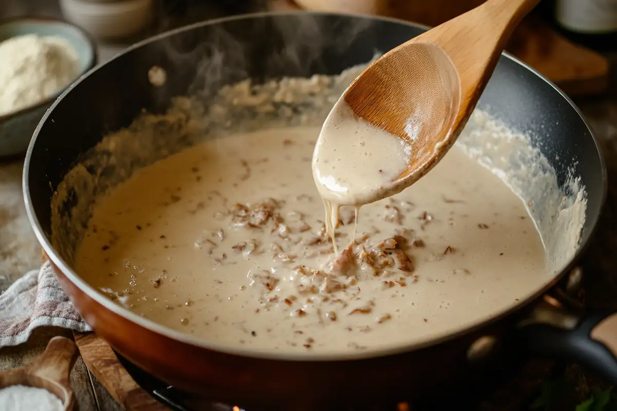 A skillet with creamy ‘Marry Me Chicken’ sauce simmering while a wooden spoon stirs