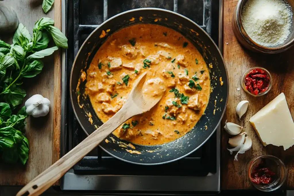 A stovetop scene featuring a heavy-bottomed skillet simmering a creamy 'Marry Me Chicken' sauce