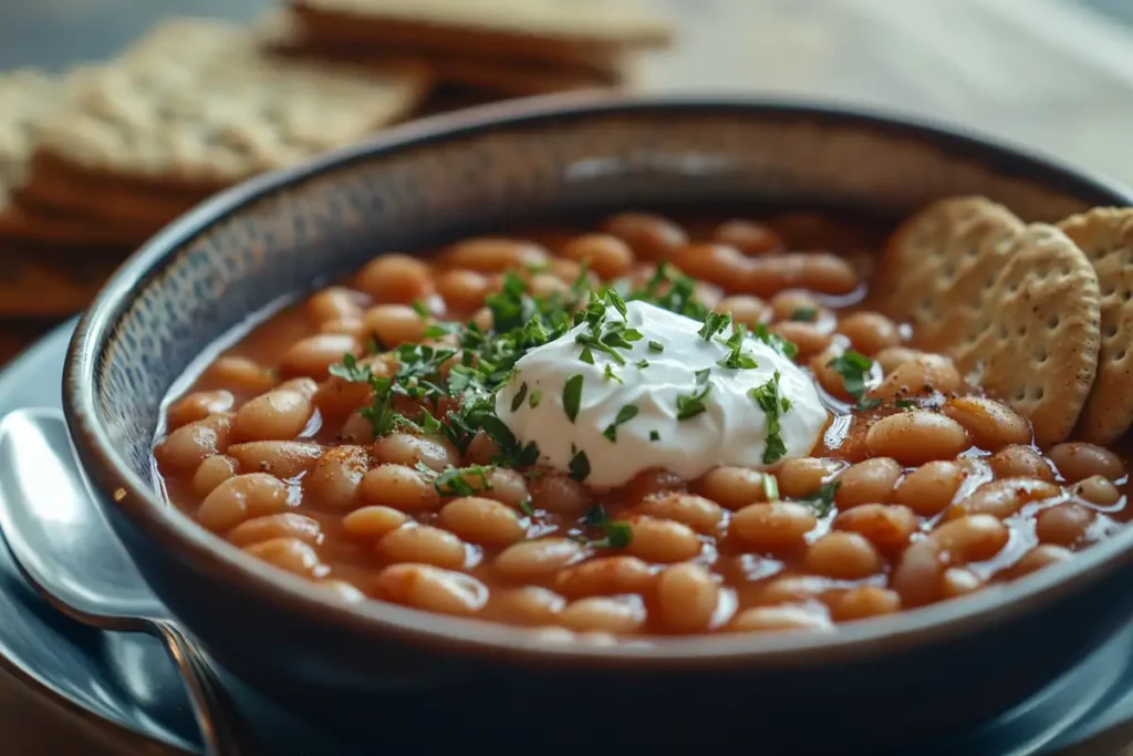 Baked beans with a sprinkling of herbs and sour cream.