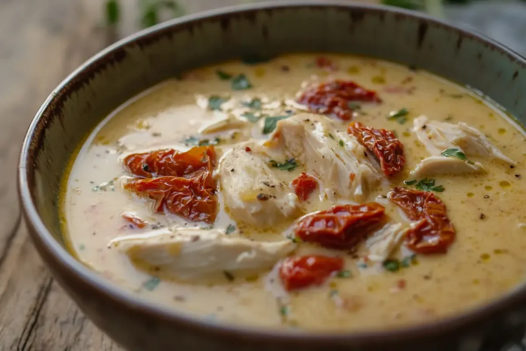 Creamy tomato version of marry me chicken soup in a bowl.