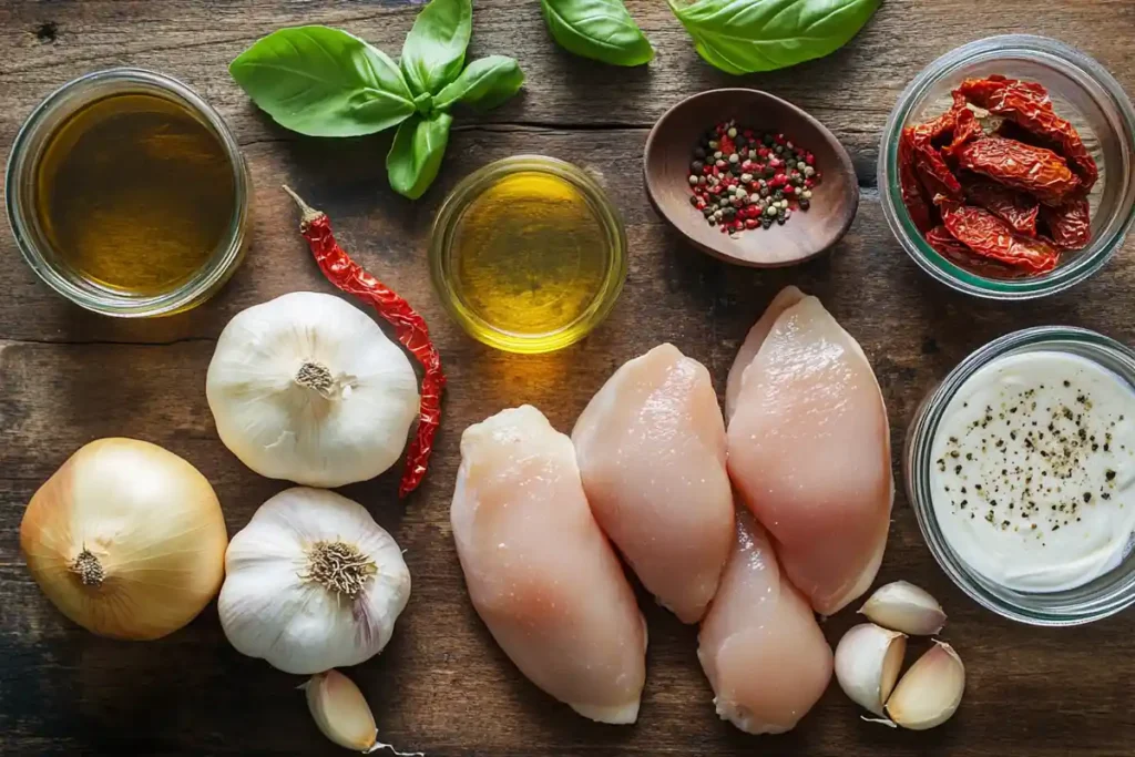 Fresh ingredients for making marry me chicken soup laid out on a wooden surface.