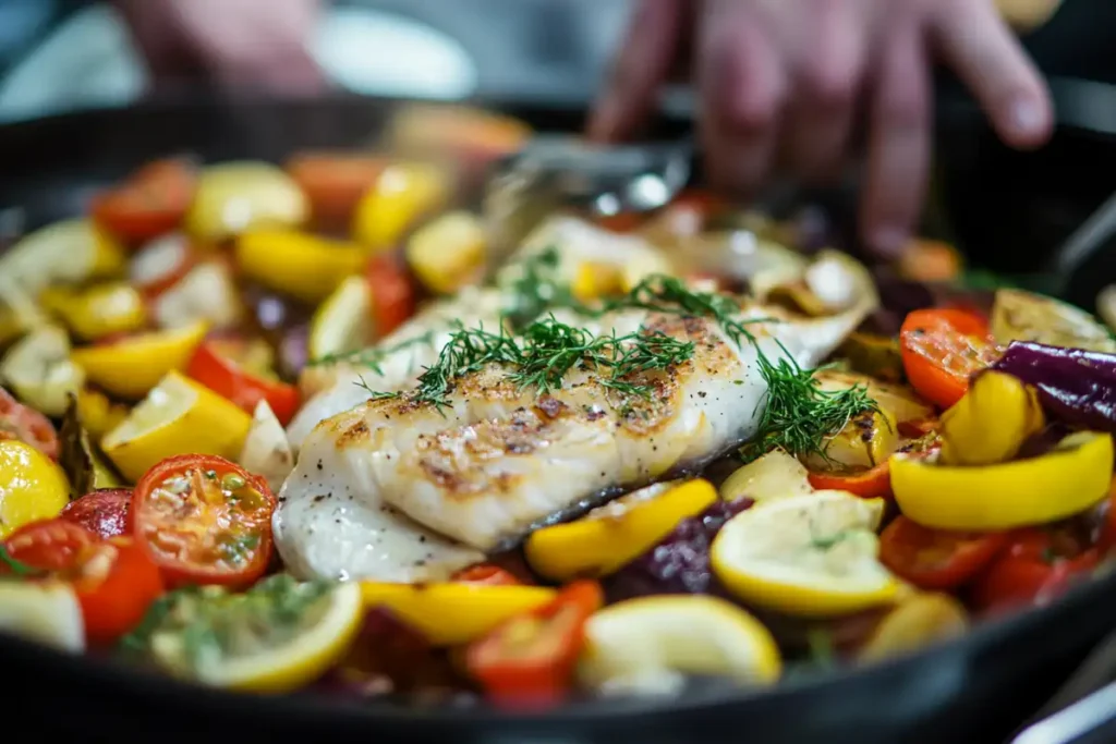 Hands preparing fish and vegetables, soft focus.