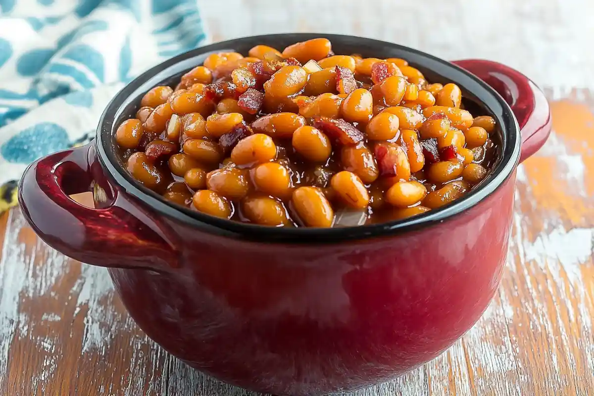 Delicious baked beans in a rustic bowl.