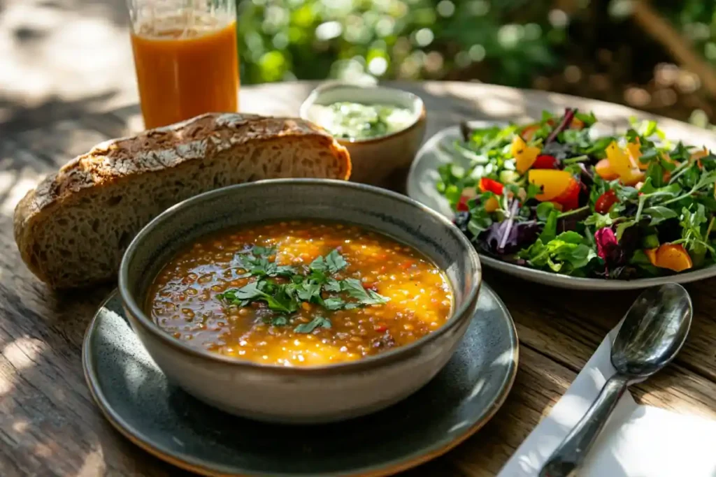 Lentil soup, bread, and salad on a table in natural light