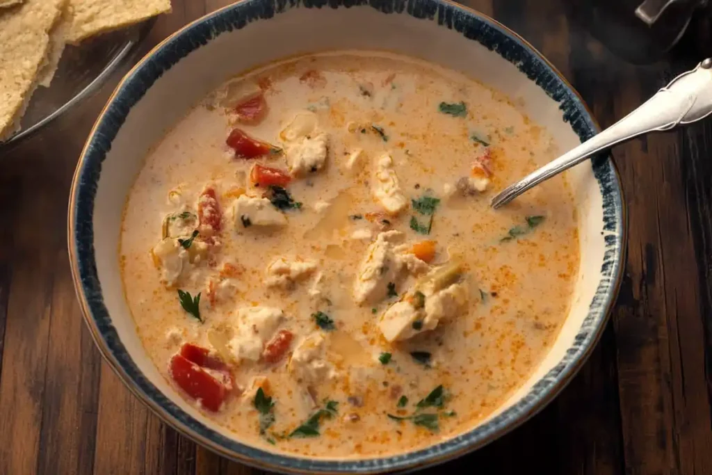 Top view of a bowl of marry me chicken soup with basil.