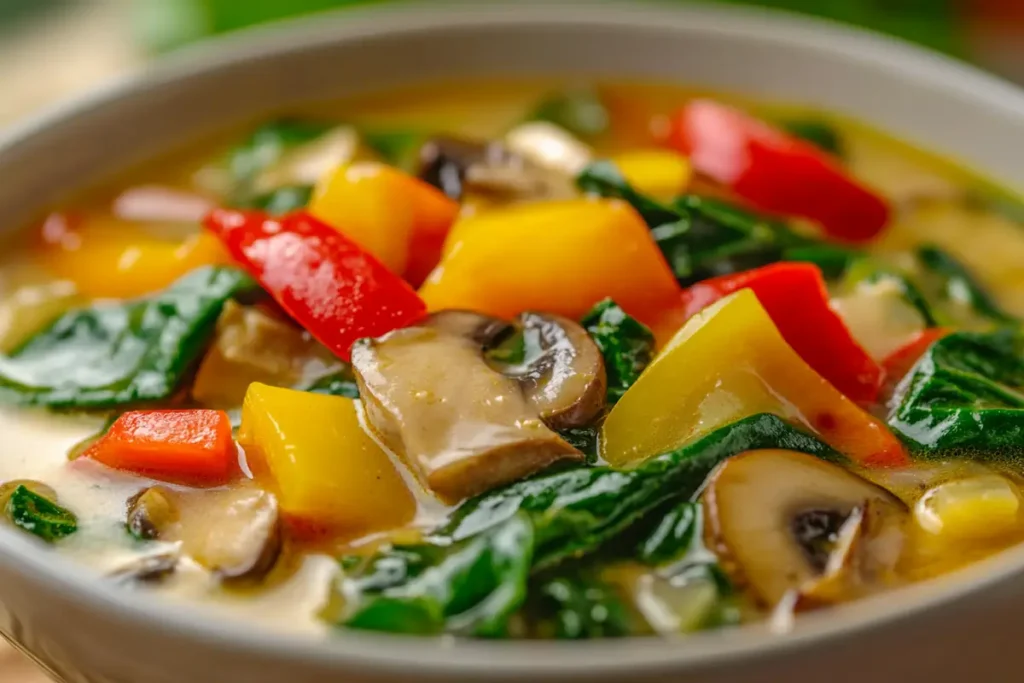 Marry me chicken soup with spinach, mushrooms, and bell peppers.