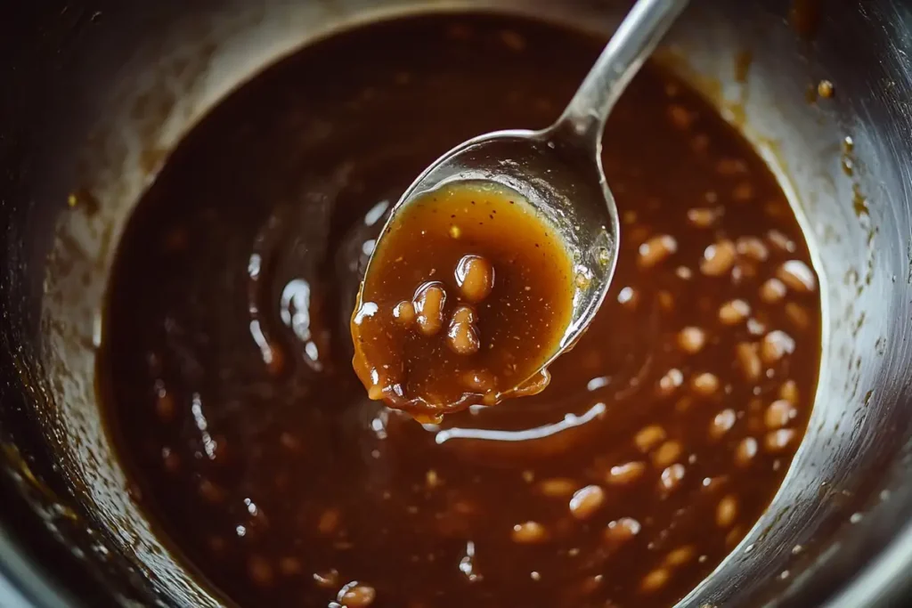 Molasses being added to baked beans for flavor