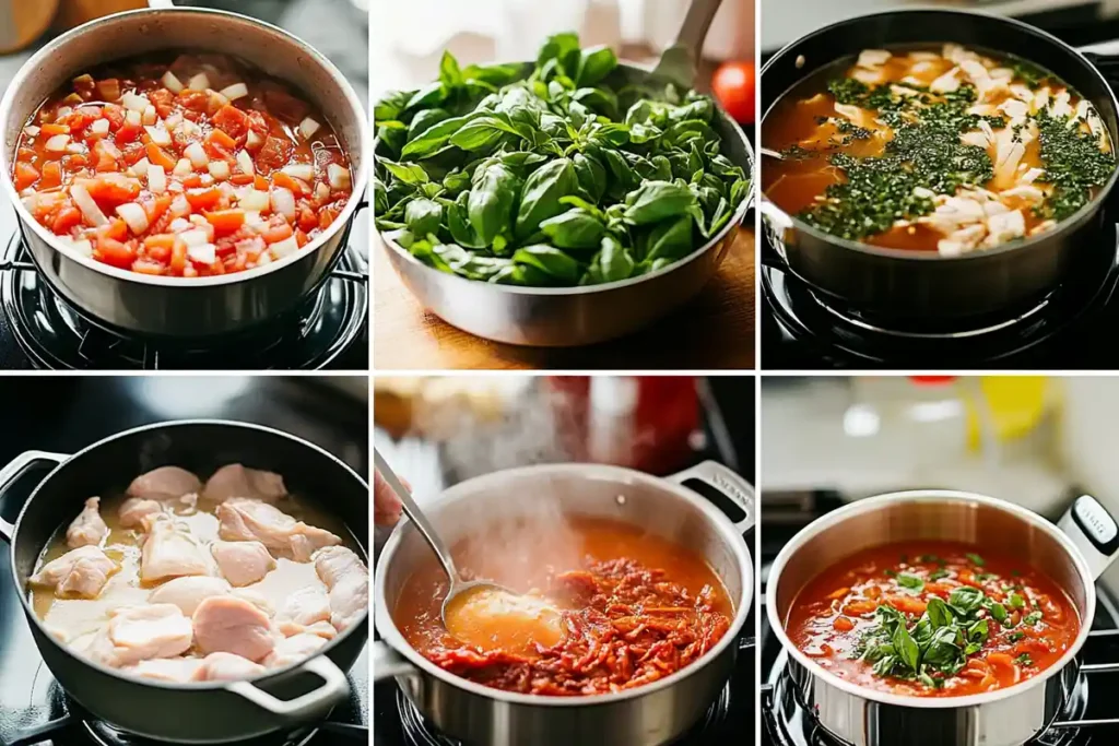 Montage of steps to cook marry me chicken soup.