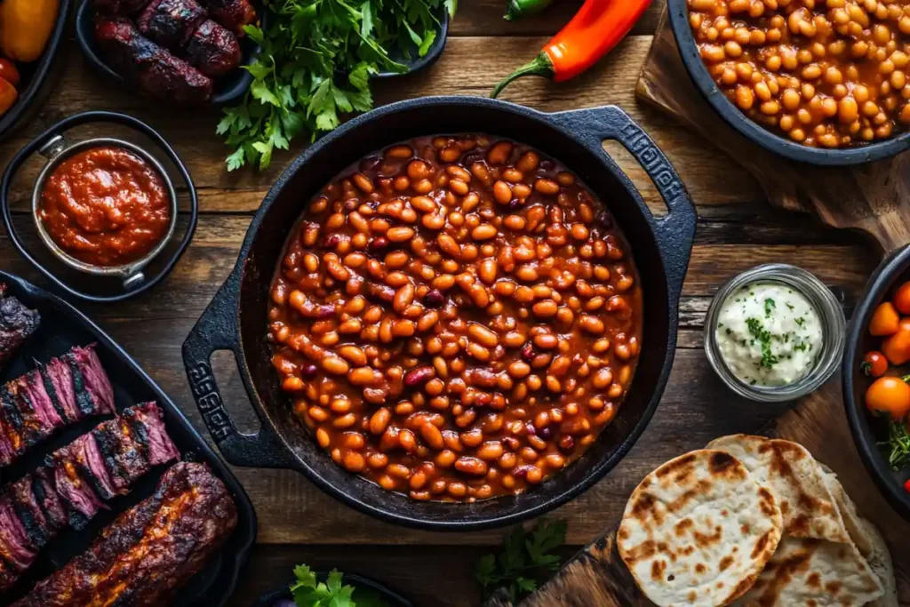 Overhead view of baked beans and barbecue spread