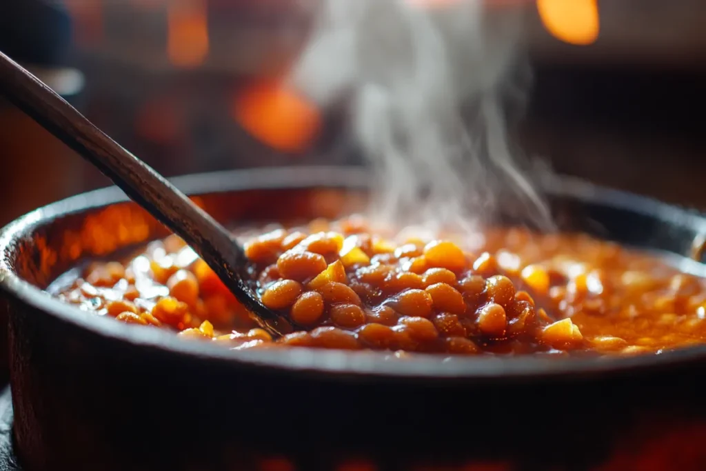 Baked beans being spooned into a bowl.