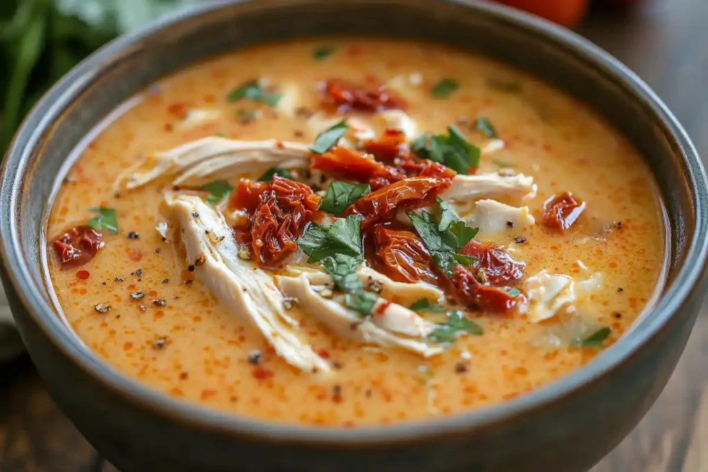 Spicy creamy tomato version of marry me chicken soup in a bowl.