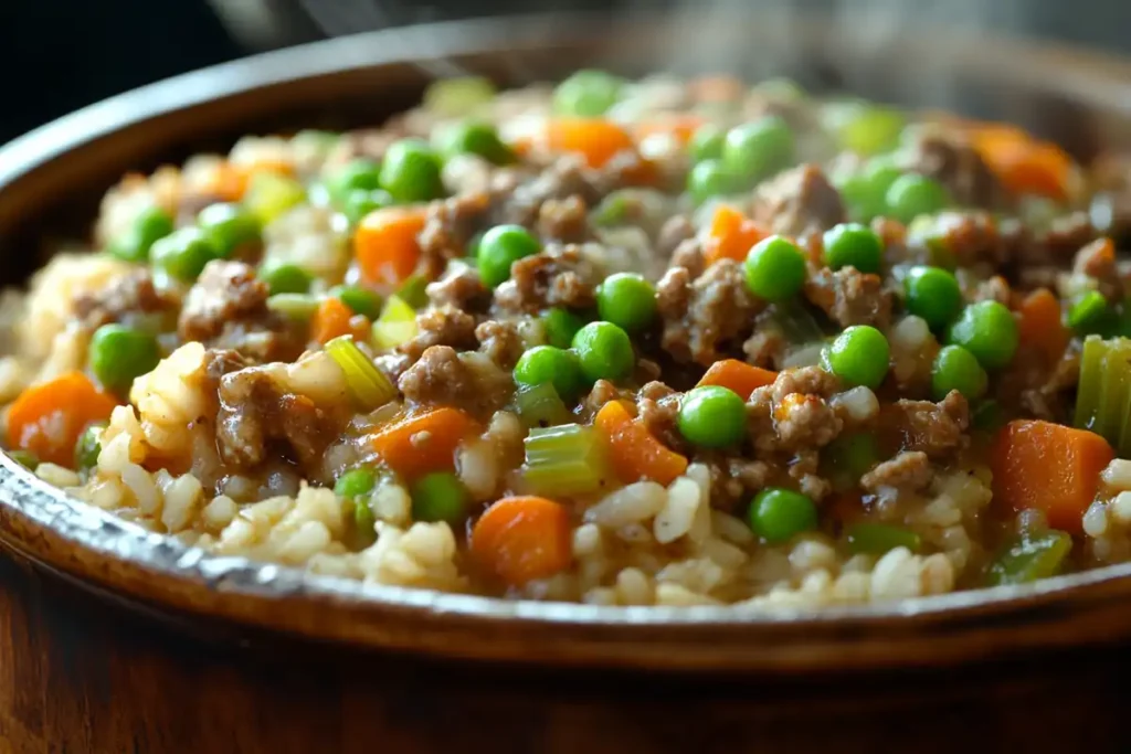 Close-up of One-Pot Ground Lamb and Rice Casserole recipe